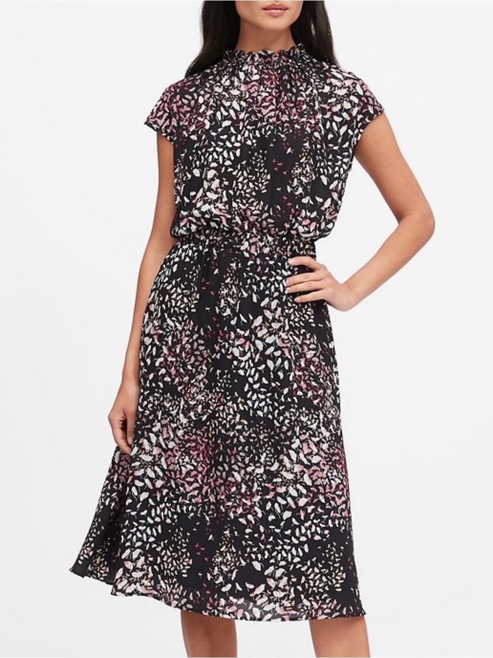 Banana Republic Black Floral-Print Cap Sleeve Midi Dress